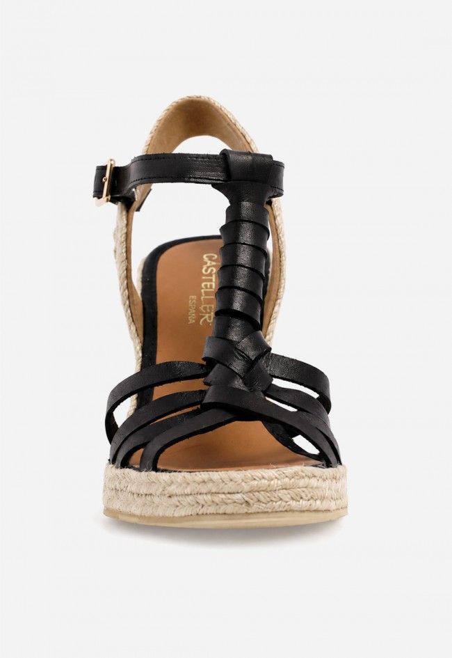 Sandalia cuña de esparto y piel negra Casteller 494 – estilo mediterráneo con actitud