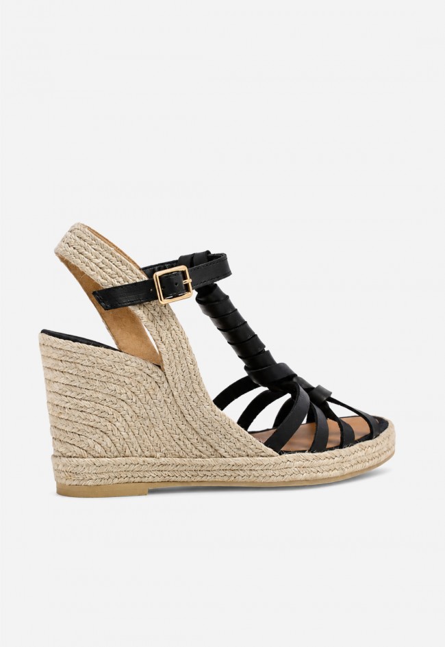 Sandalia cuña de esparto y piel negra Casteller 494 – estilo mediterráneo con actitud
