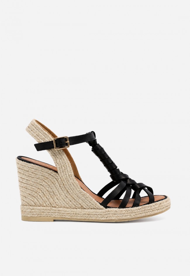 Sandalia cuña de esparto y piel negra Casteller 494 – estilo mediterráneo con actitud