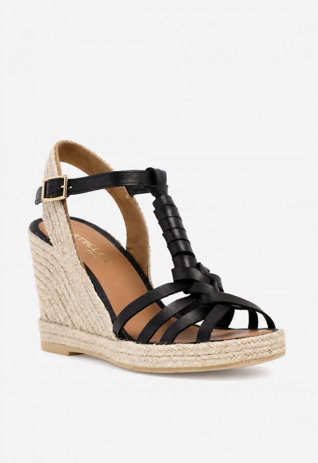 Sandalia cuña de esparto y piel negra Casteller 494 – estilo mediterráneo con actitud