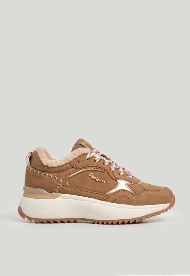 Zapatillas Pepe Jeans Kimi de piel de ante para mujer en camel con borreguito y estilo cálido