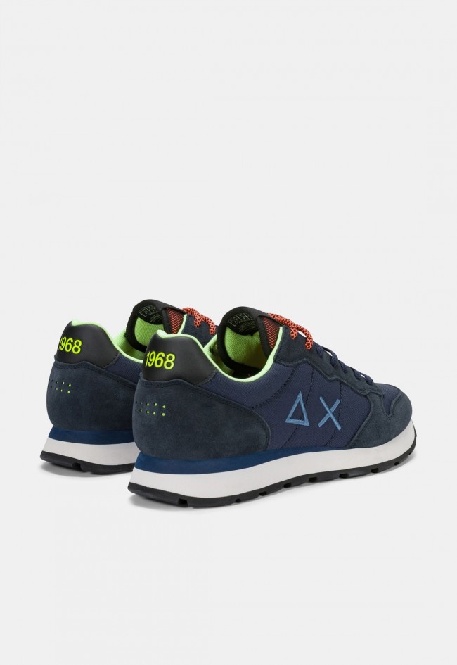 Zapatilla deportiva de hombre SUN68 Tom Fluo de piel y textil azul, estilo casual con detalles flúor