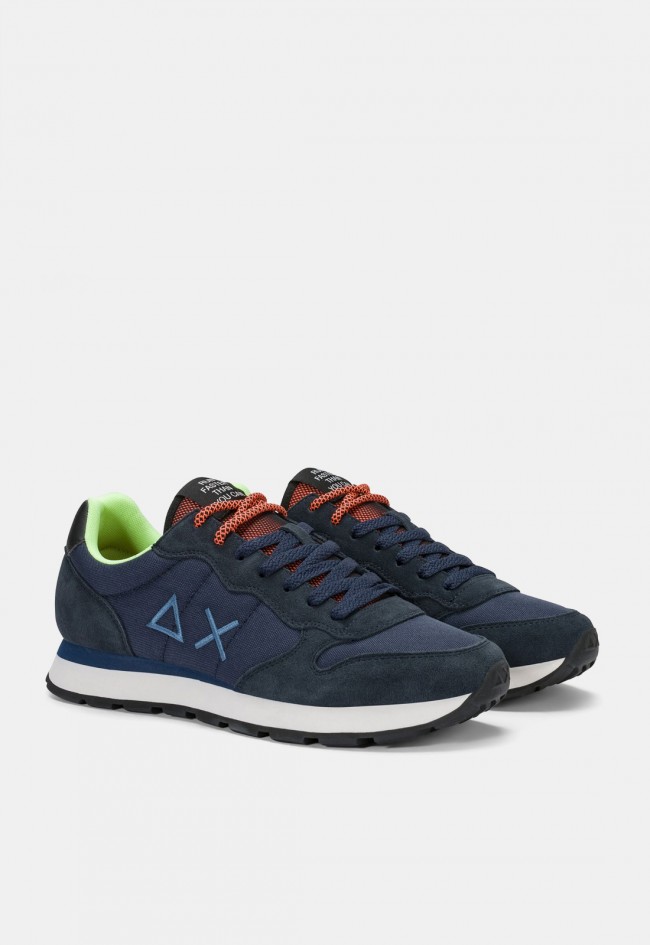 Zapatilla deportiva de hombre SUN68 Tom Fluo de piel y textil azul, estilo casual con detalles flúor
