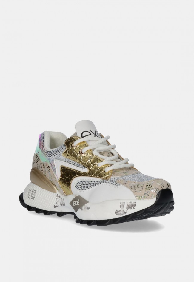 Zapatilla chunky de mujer EXE D190608-171 en blanco y dorado, diseño multicolor y original