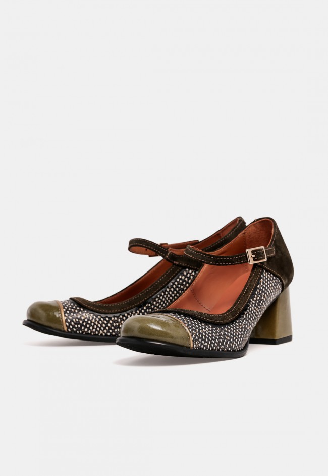 Zapato Mary Jane de mujer Nemonic 2054 de piel kaki, diseño artesanal con carácter