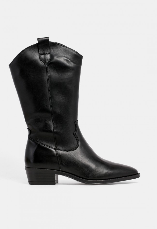 Bota cowboy de mujer GLO Jubia de piel negra con cremallera lateral, estilo western en tendencia