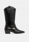 Bota cowboy de mujer GLO Kirina de piel negra con bordados western, estilo en tendencia