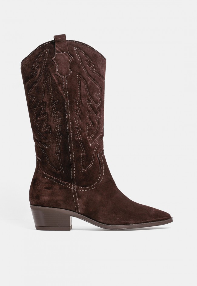 Bota cowboy de mujer GLO Kirina de serraje marrón chocolate, estilo western en tendencia