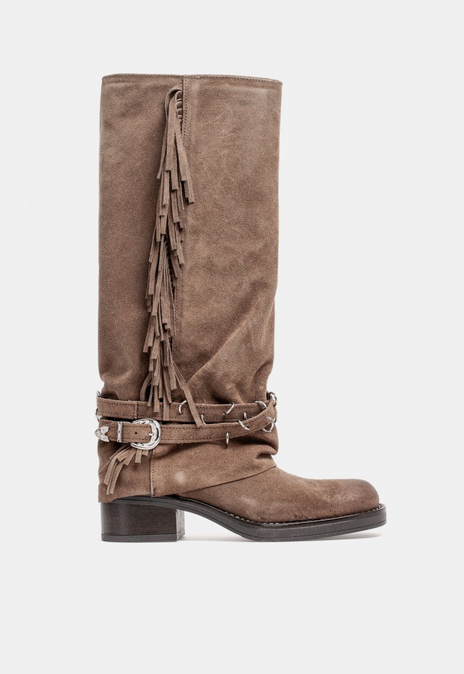Bota biker de mujer The Icona 3990 en piel taupe con hebillas y flecos