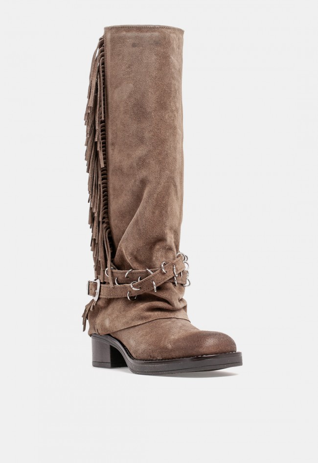 Bota biker de mujer The Icona 3990 en piel taupe con hebillas y flecos