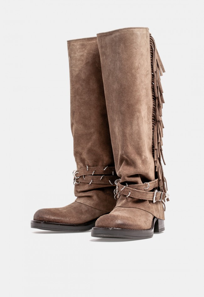 Bota biker de mujer The Icona 3990 en piel taupe con hebillas y flecos