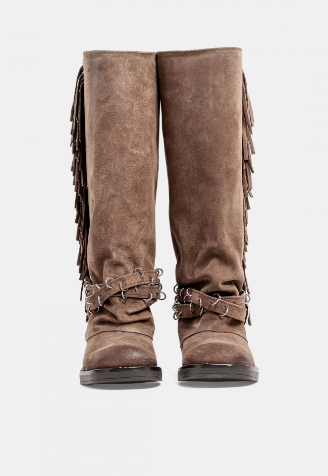 Bota biker de mujer The Icona 3990 en piel taupe con hebillas y flecos