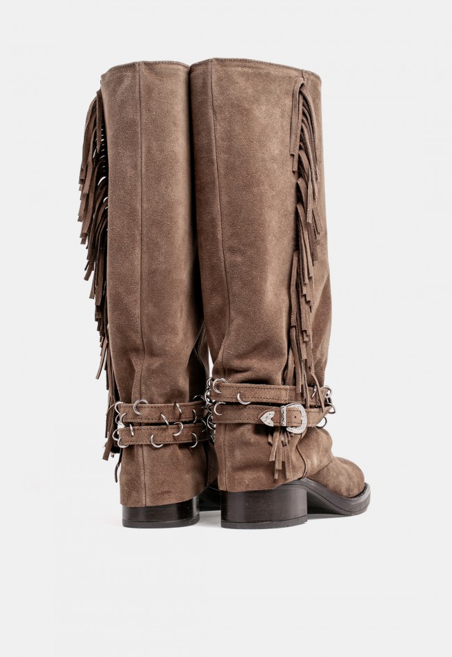 Bota biker de mujer The Icona 3990 en piel taupe con hebillas y flecos