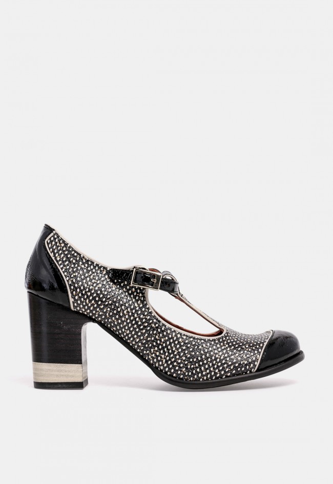 Zapato Mary Jane de mujer Nemonic 2483 de piel negra con pulsera T-bar y tacón ancho, diseño con carácter