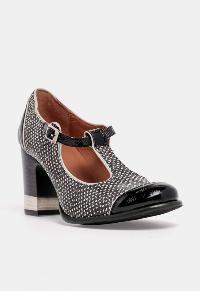 Zapato Mary Jane de mujer Nemonic 2483 de piel negra con pulsera T-bar y tacón ancho, diseño con carácter