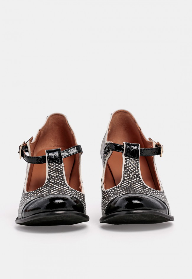 Zapato Mary Jane de mujer Nemonic 2483 de piel negra con pulsera T-bar y tacón ancho, diseño con carácter