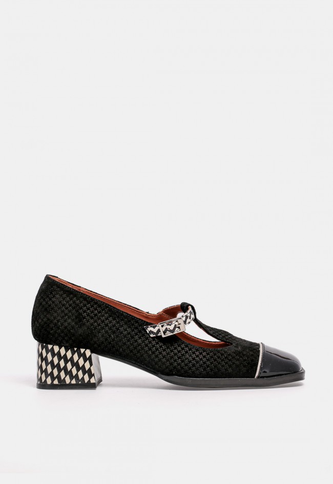 Zapato Mary Jane de mujer Nemonic 2392 de piel negra con tacón estampado, un diseño retro con carácter