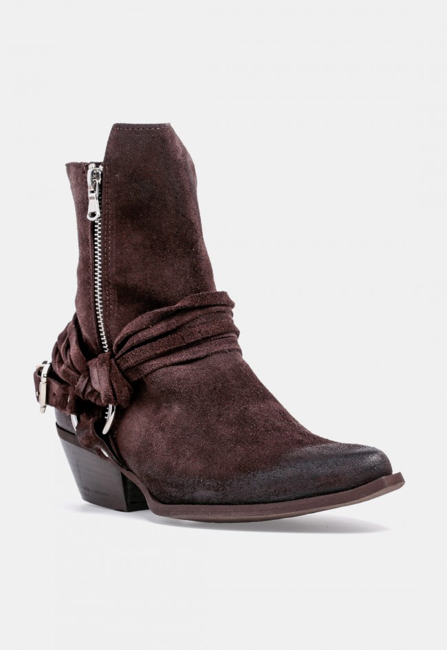 Bota cowboy de mujer GLO Virginia 1356 de serraje marrón chocolate con hebillas, estilo western con carácter