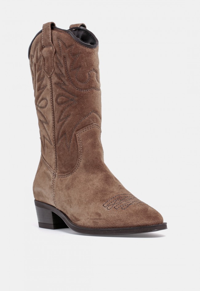 Bota cowboy de mujer GLO Temperan de piel de serraje taupe, estilo western con personalidad