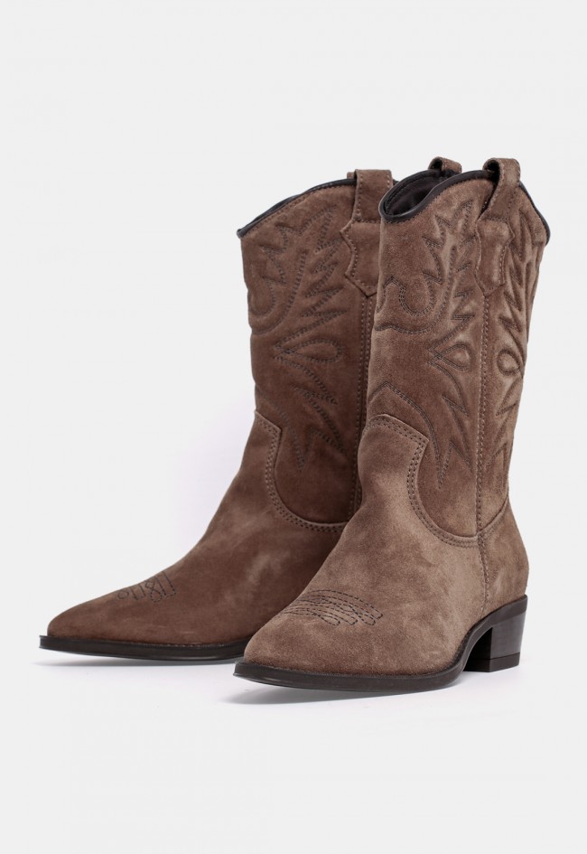 Bota cowboy de mujer GLO Temperan de piel de serraje taupe, estilo western con personalidad