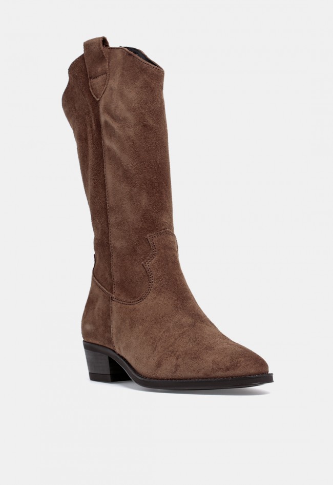Bota cowboy de mujer GLO Jubia de piel de serraje marrón, estilo western atemporal