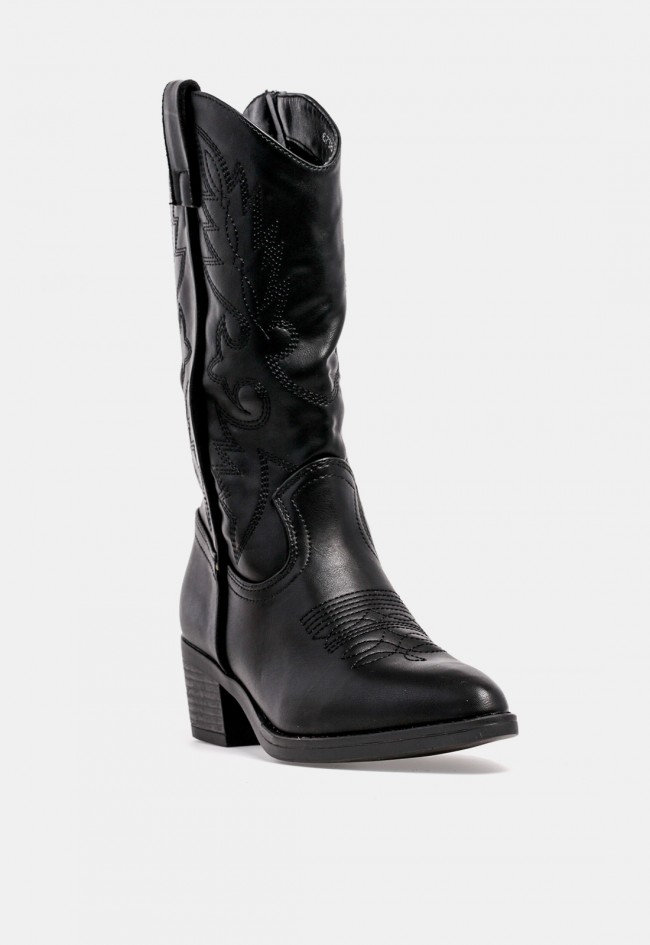 Bota cowboy de mujer Niko Amore 6738 de piel sintética negra con bordados western, estilo con personalidad