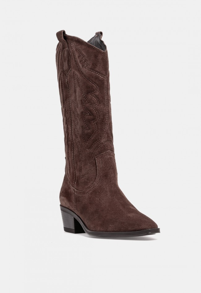 Bota cowboy de mujer GLO Kirina de piel y serraje marrón chocolate, esencia western con estilo