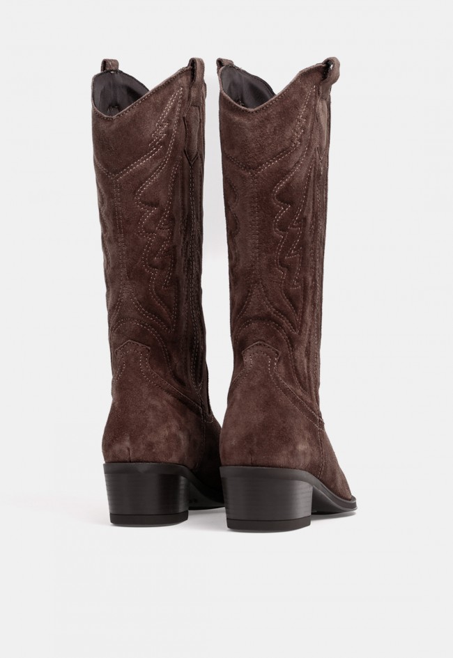 Bota cowboy de mujer GLO Kirina de piel y serraje marrón chocolate, esencia western con estilo