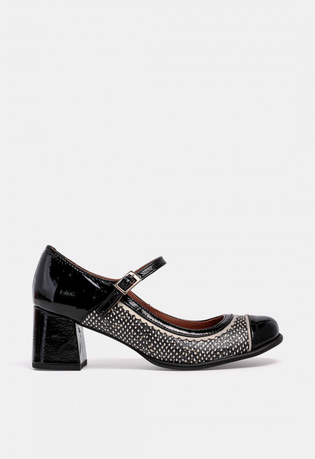 Zapato Mary Jane de tacón Nemonic 2054 de piel negra, con hebilla y diseño en contraste