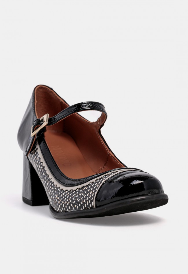 Zapato Mary Jane de tacón Nemonic 2054 de piel negra, con hebilla y diseño en contraste