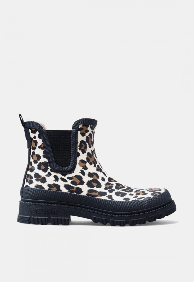 Bota de agua de mujer Verbenas Lua crudo con estampado leopardo, cálida y con suela track