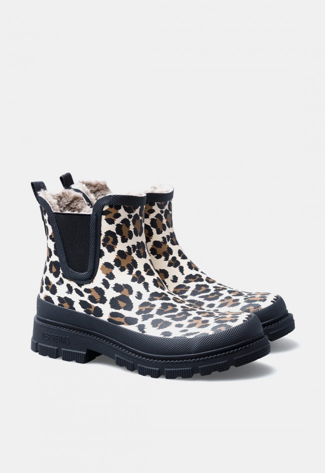 Bota de agua de mujer Verbenas Lua crudo con estampado leopardo, cálida y con suela track