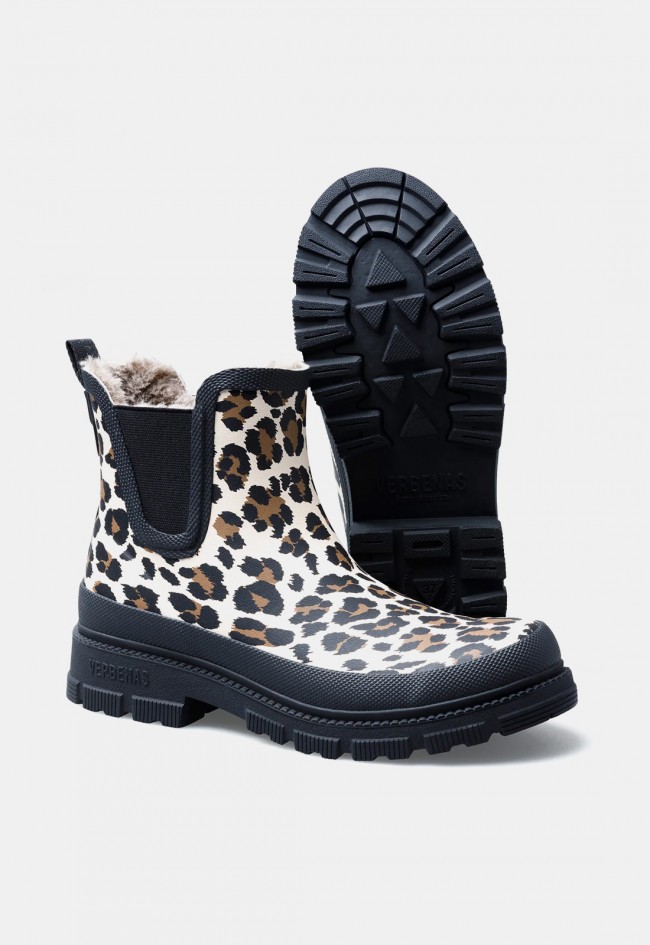 Bota de agua de mujer Verbenas Lua crudo con estampado leopardo, cálida y con suela track