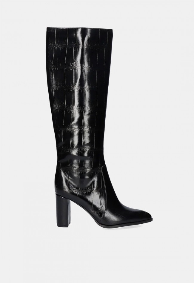 Bota alta EXÉ Fieeipa 444 negra con efecto croco y tacón alto, estilo sofisticado