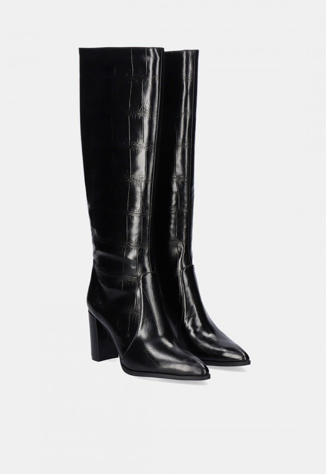 Bota alta EXÉ Fieeipa 444 negra con efecto croco y tacón alto, estilo sofisticado
