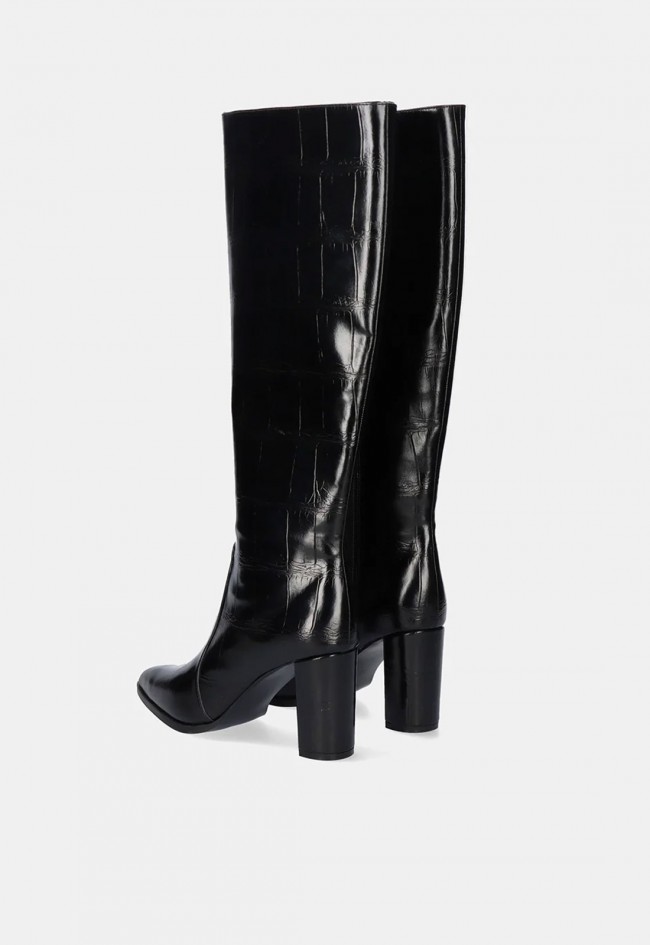 Bota alta EXÉ Fieeipa 444 negra con efecto croco y tacón alto, estilo sofisticado