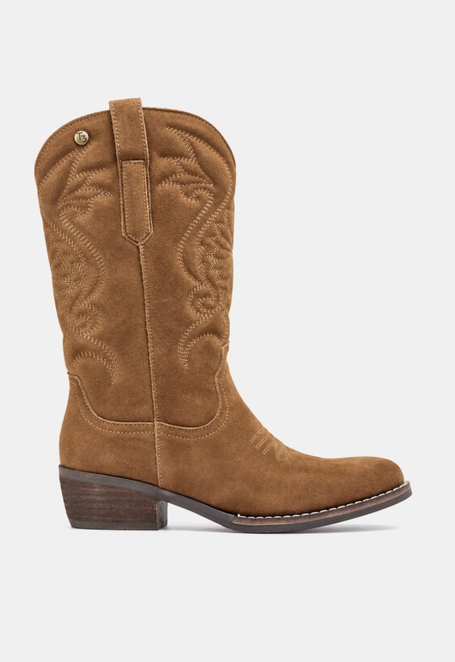 Bota cowboy de mujer TOP 3 SS1985 de serraje camel, estilo western en tendencia