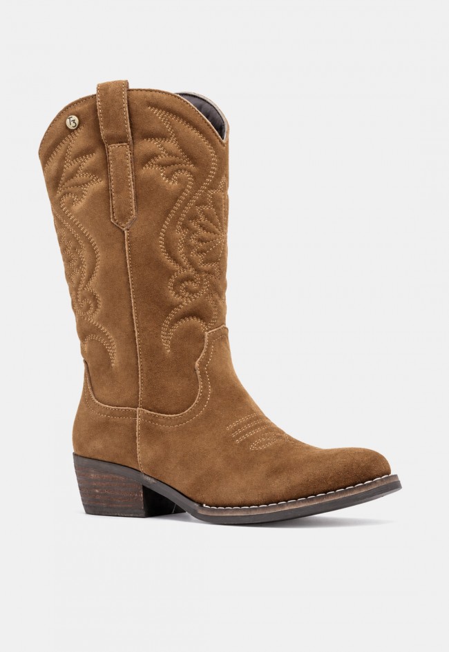 Bota cowboy de mujer TOP 3 SS1985 de serraje camel, estilo western en tendencia