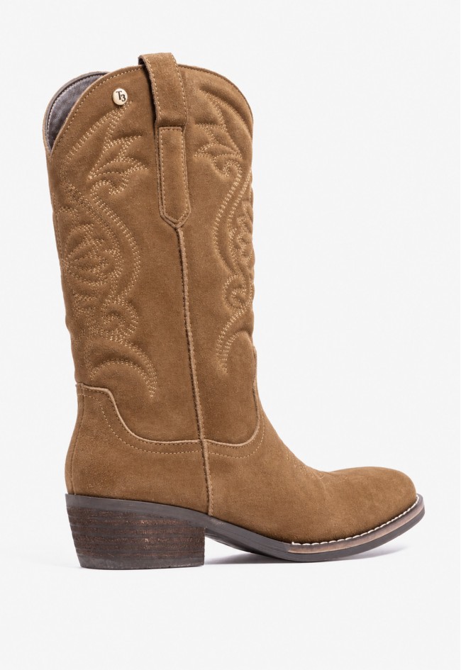 Bota cowboy de mujer TOP 3 SS1985 de serraje camel, estilo western en tendencia