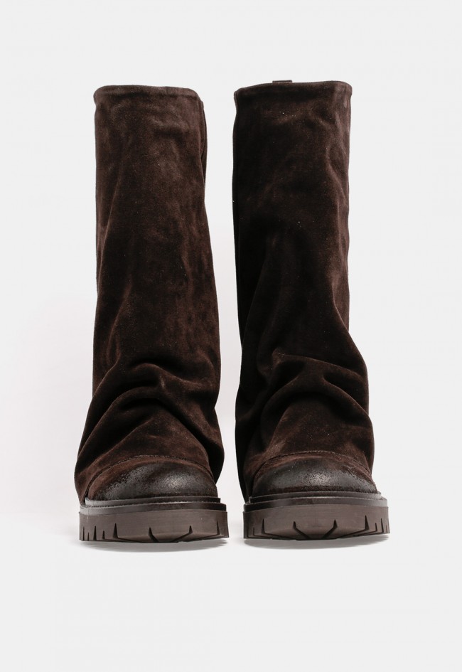 Bota biker de mujer The Icona Gregory de piel y serraje marrón chocolate, estilo urbano con carácter