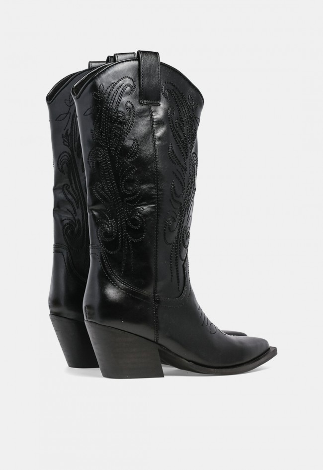 Bota cowboy de mujer Why Pink? m6761 negra de piel sintética, estilo western con bordados