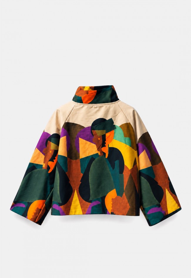 Chaqueta beige de mujer New Hao Mai 7690P con estampado geométrico multicolor y estilo artístico