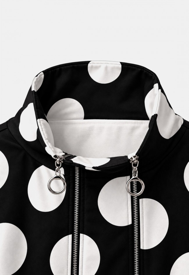 Chaqueta negra de mujer 158C 56687 con lunares blancos, diseño original y contemporáneo