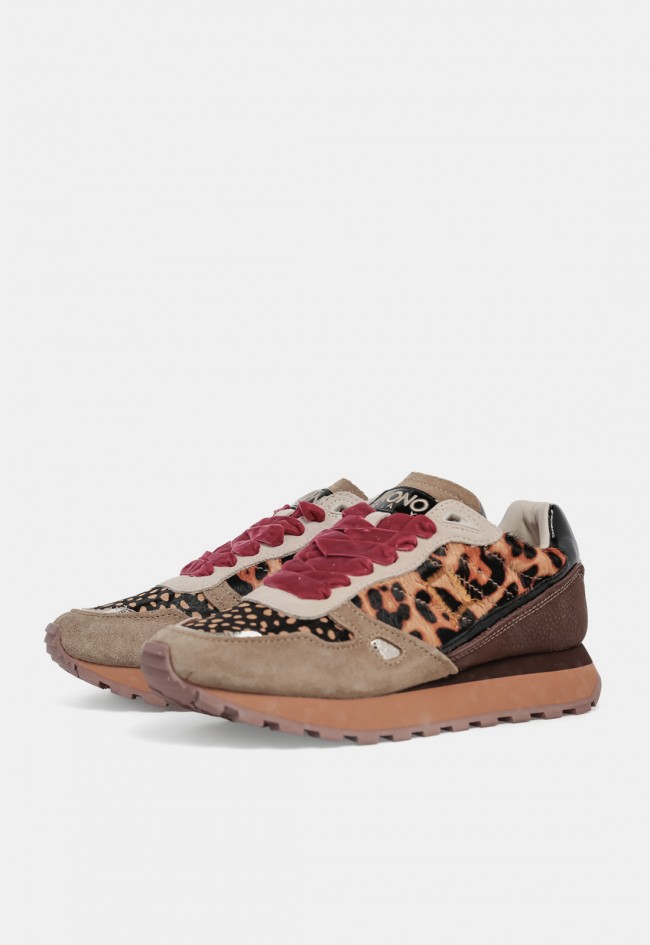 Zapatilla deportiva de mujer Monoway Rider 128901A-W de piel con animal print leopardo, estilo retro con carácter