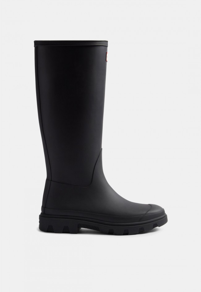 Bota de agua Hunter Downpour Tall de mujer en caucho negro, impermeable con estilo ecuestre