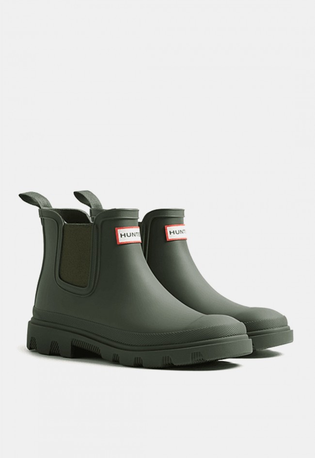 Bota Chelsea de agua Hunter Downpour Unisex verde, impermeable hasta el tobillo con estilo urbano